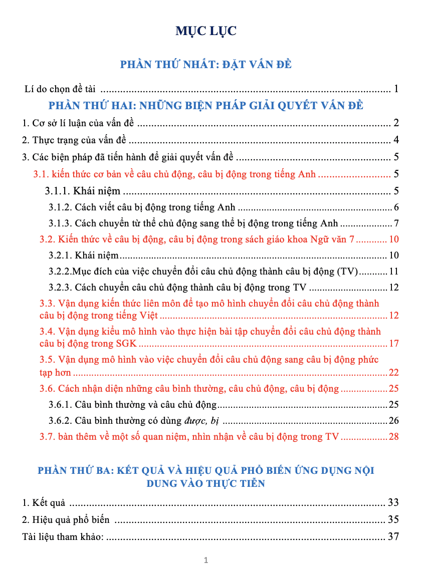 SKKN Vận dụng kiến thức liên môn để sáng tạo mô hình “Chuyển đổi câu chủ động thành câu bị động” trong phần tiếng Việt - Ngữ văn 7