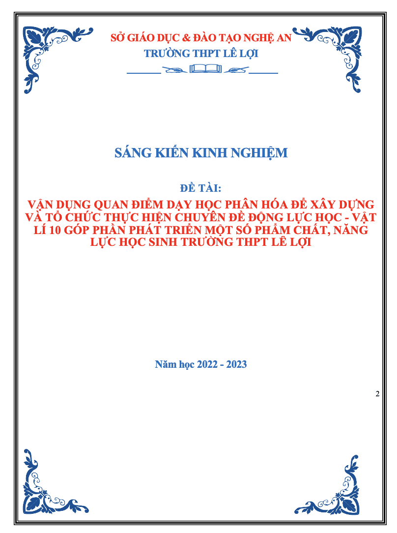 SKKN Vận dụng quan điểm dạy học phân hóa để xây dựng và tổ chức thực hiện chuyên đề động lực học - vật lí 10 góp phần phát triển một số phẩm chất, năng lực học sinh