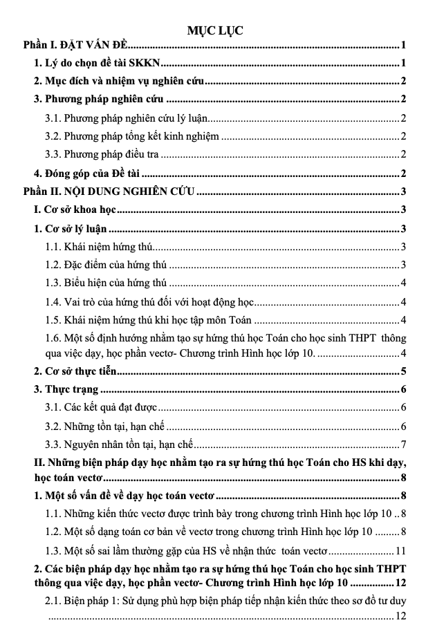 SKKN Các biện pháp tạo sự hứng thú học Toán cho học sinh THPT thông qua việc dạy, học phần vectơ - Chương trình Hình học lớp 10
