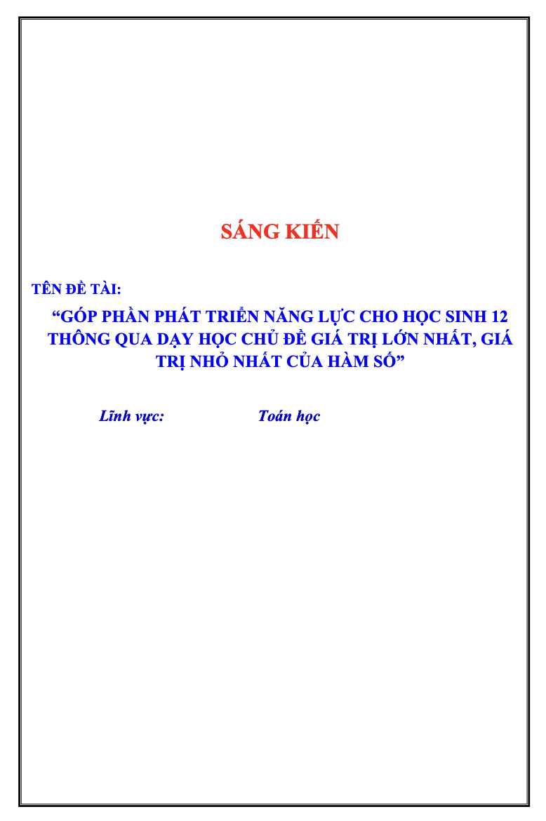 SKKN Góp phần phát triển năng lực cho học sinh 12 thông qua dạy học chủ đề giá trị lớn nhất, giá trị nhỏ nhất của hàm số