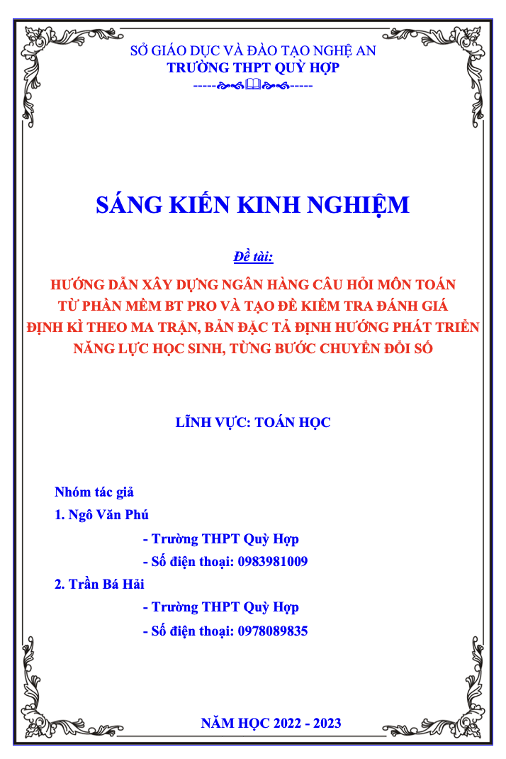 SKKN Hướng dẫn xây dựng ngân hàng câu hỏi môn toán từ phần mềm bt pro và tạo đề kiểm tra đánh giá định kì theo ma trận, bản đặc tả định hướng phát triển năng lực học sinh, từng bước chuyển đổi số