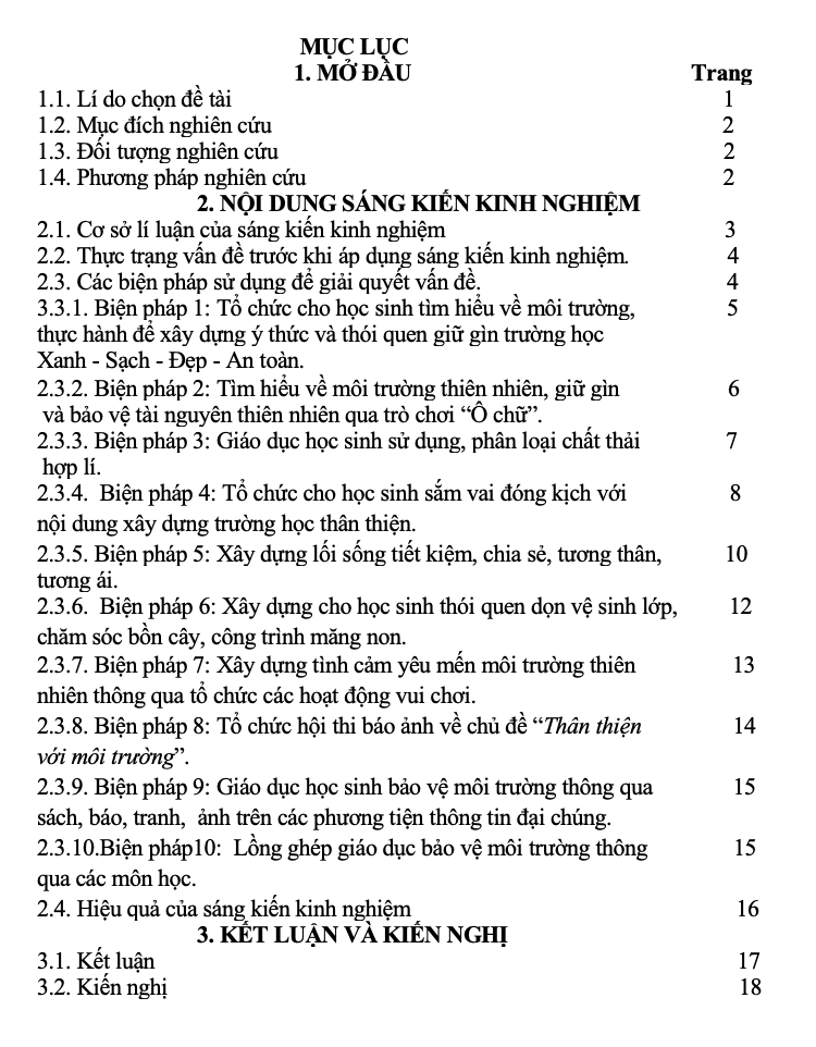 SKKN Một số biện pháp giúp học sinh lớp 4 thân thiện với môi trường thông qua hoạt động giáo dục ở TrườngTiểu học