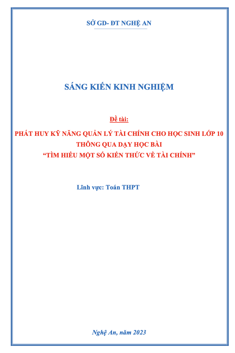 SKKN Phát huy kỹ năng quản lý tài chính cho học sinh lớp 10 thông qua dạy học bài “tìm hiểu một số kiến thức về tài chính”