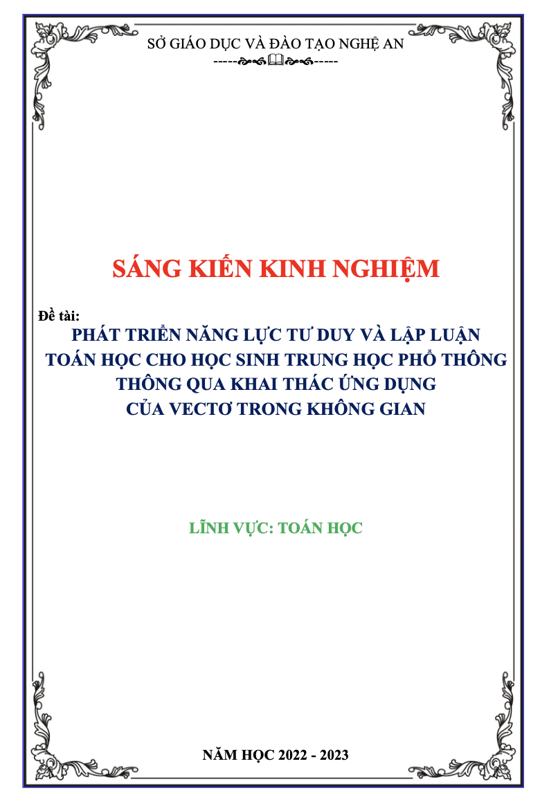 SKKN Phát triển năng lực tư duy và lập luận toán học cho học sinh trung học phổ thông thông qua khai thác ứng dụng của vectơ trong không gian