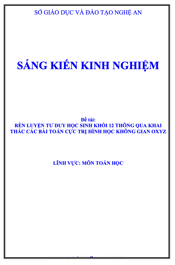 SKKN Rèn luyện tư duy học sinh khối 12 thông qua khai thác các bài toán cực trị hình học không gian Oxyz