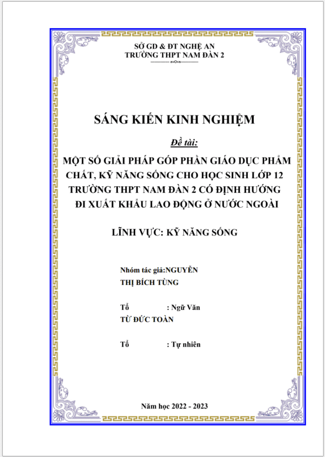 SKKN Một số giải pháp góp phần giáo dục phẩm chất, kỹ năng sống cho học sinh lớp 12 trường thpt có định hướng đi xuất khẩu lao động ở nước ngoài