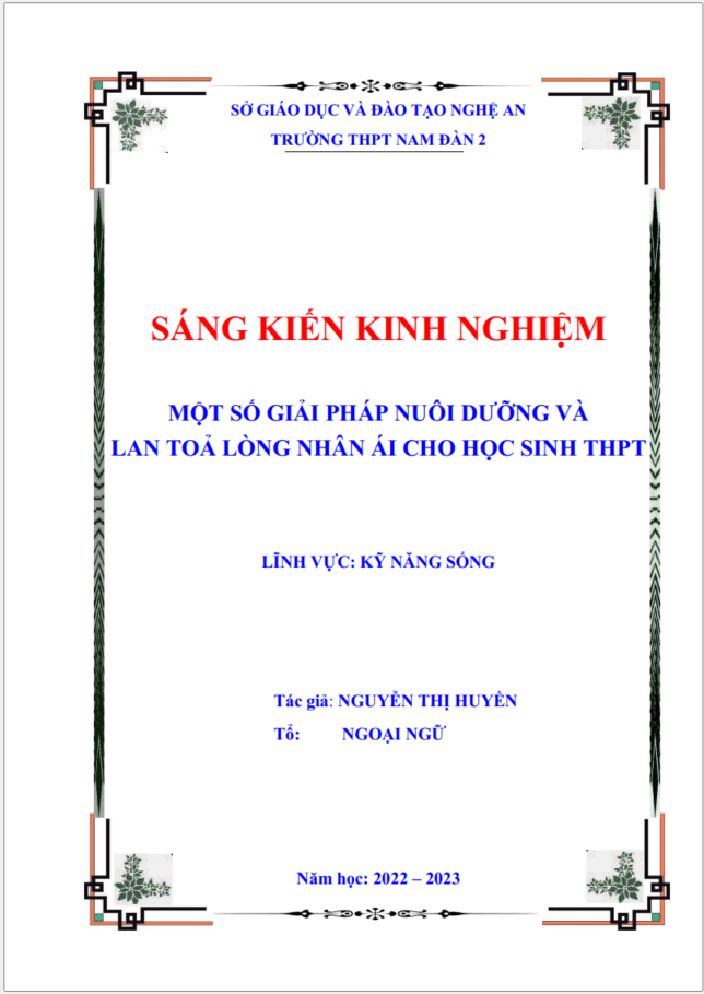 SKKN Một số giải pháp nuôi dưỡng và lan toả lòng nhân ái cho học sinh thpt