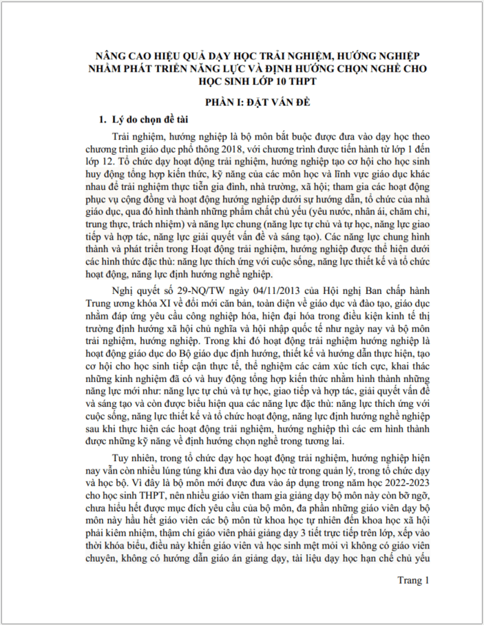 SKKN Nâng cao hiệu quả dạy học trải nghiệm, hướng nghiệp nhằm phát triển năng lực và định hướng chọn nghề cho học sinh lớp 10 THPT - CÁNH DIỀU