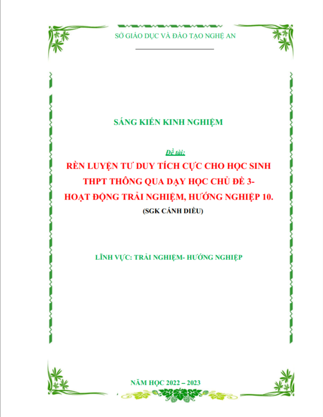 SKKN Rèn luyện tư duy tích cực cho học sinh THPT thông qua dạy học chủ đề 3 - Hoạt động trải nghiệm, hướng nghiệp 10 - CÁNH DIỀU