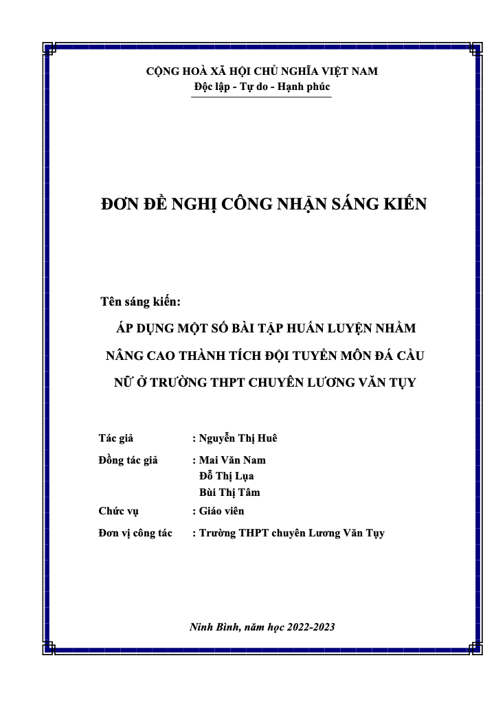 SKKN Áp dụng một số bài tập huấn luyện nhằm nâng cao thành tích đội tuyển môn Đá cầu nữ ở Trường THPT