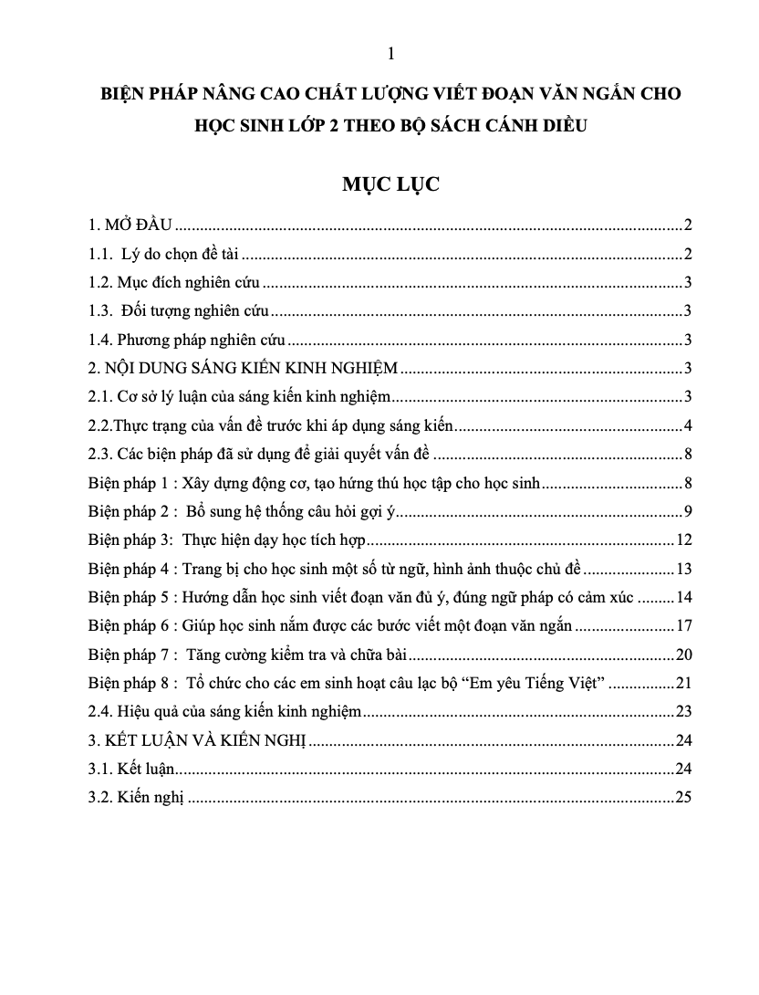 SKKN Biện pháp nâng cao chất lượng viết đoạn văn ngắn cho học sinh lớp 2 theo bộ sách Cánh diều