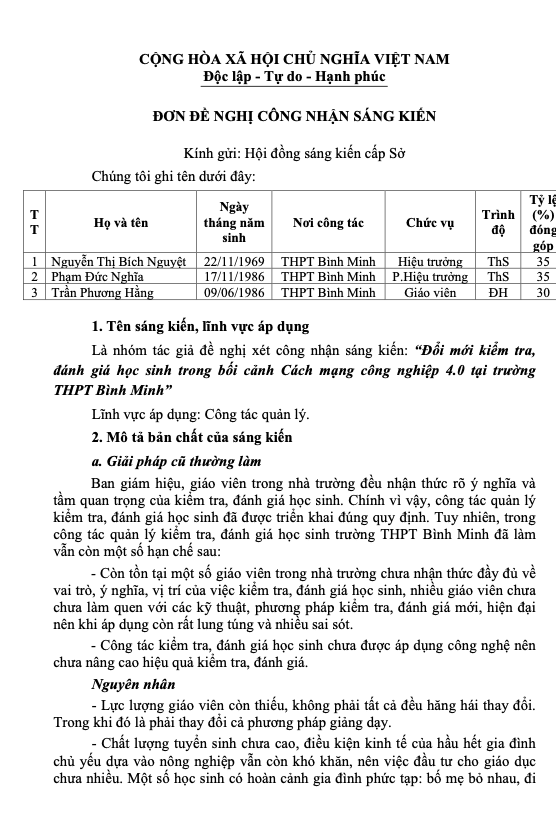 SKKN Đổi mới kiểm tra, đánh giá học sinh trong bối cảnh Cách mạng công nghiệp 4.0 tại trường THPT Bình Minh