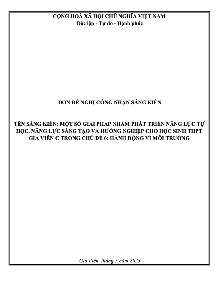 SKKN Một số giải pháp nhằm phát triển năng lực tự học, năng lực sáng tạo và hướng nghiệp cho học sinh THPT Gia Viễn C trong chủ đề 6 Hành động vì môi trường
