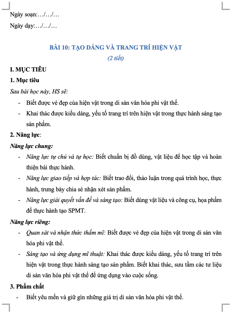 Giáo án Mĩ thuật 8 CTST Bài 10: Tạo dáng và trang trí hiên vật (Bản 2)(W+PPT)