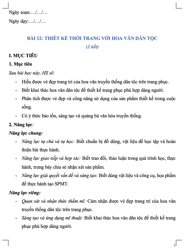 Giáo án Mĩ thuật 8 CTST Bài 12: Thiết kế thời trang và hoa văn dân tộc (Bản 2)(W+PPT)