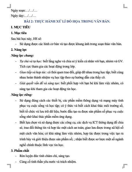 Giáo án Tin học 8 Cánh Diều CĐ E2. Bài 2. Thực hành xử lí đồ họa trong văn bản.(W+PPT)