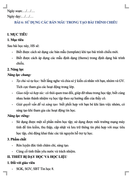 Giáo án Tin học 8 Cánh Diều CĐ E2. Bài 6. Sử dụng các bản mẫu trong tạo bài trình chiếu(W+PPT)