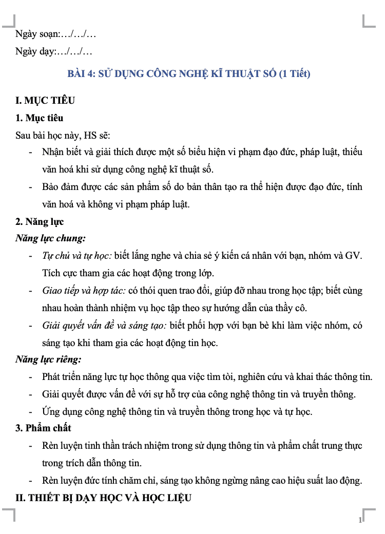 Giáo án Tin học 8 CTST Bài 4: Sử dụng công nghệ kĩ thuật số(W+PPT)