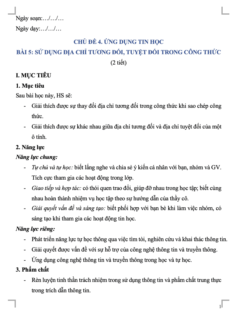 Giáo án Tin học 8 CTST Bài 5: Sử dụng địa chỉ tương đối, địa chỉ tuyệt đối trong công thức(W+PPT)