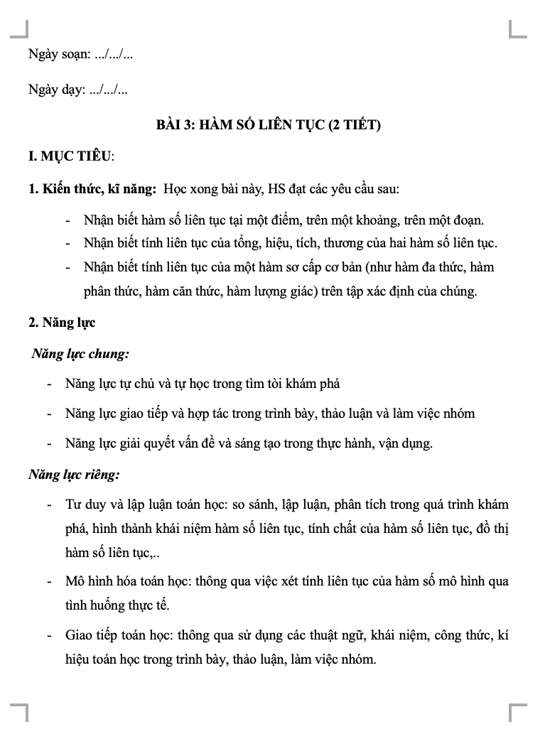 Giáo án Toán 11 CTST CHƯƠNG III - Bài 3. Hàm số liên tục(W+PPT)