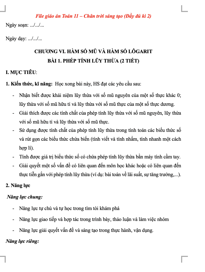 Giáo án Toán 11 CTST CHƯƠNG VI - Bài 1. Phép tính luỹ thừa(W+PPT)