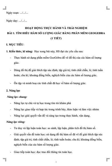 Giáo án Toán 11 CTST HĐTH&TN - Bài 1. Tìm hiểu hàm số lượng giác bằng phần mềm GeoGebra