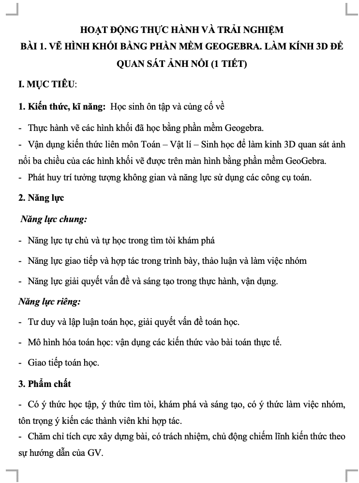 Giáo án Toán 11 CTST HĐTH&TN - Bài 1. Vẽ hình khối bằng phần mềm GeoGebra. Làm kính 3D để quan sát ảnh nổi(W+PPT)