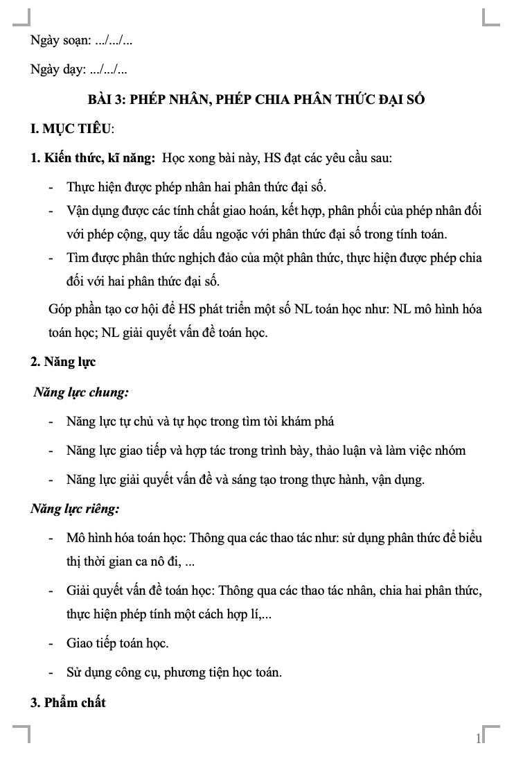 Giáo án Toán 8 CD Chương II. Bài 3. Phép nhân, phép chia phân thức đại số(W+PPT)