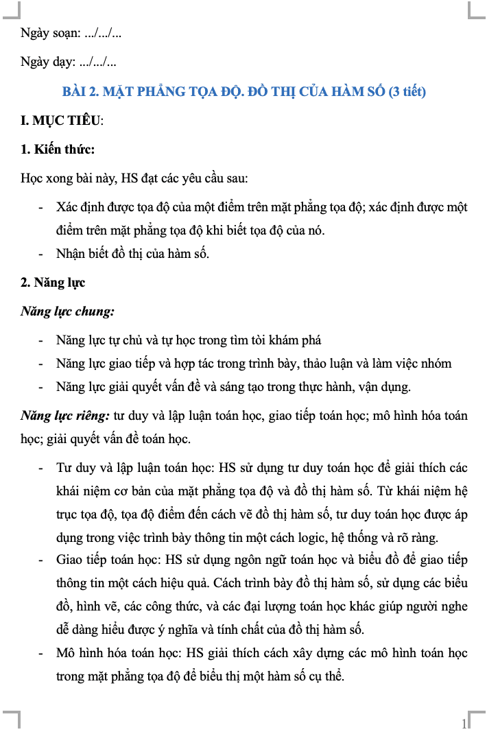 Giáo án Toán 8 CD Chương III. Bài 2. Mặt phẳng tọa độ. Đồ thị của hàm số(W+PPT)