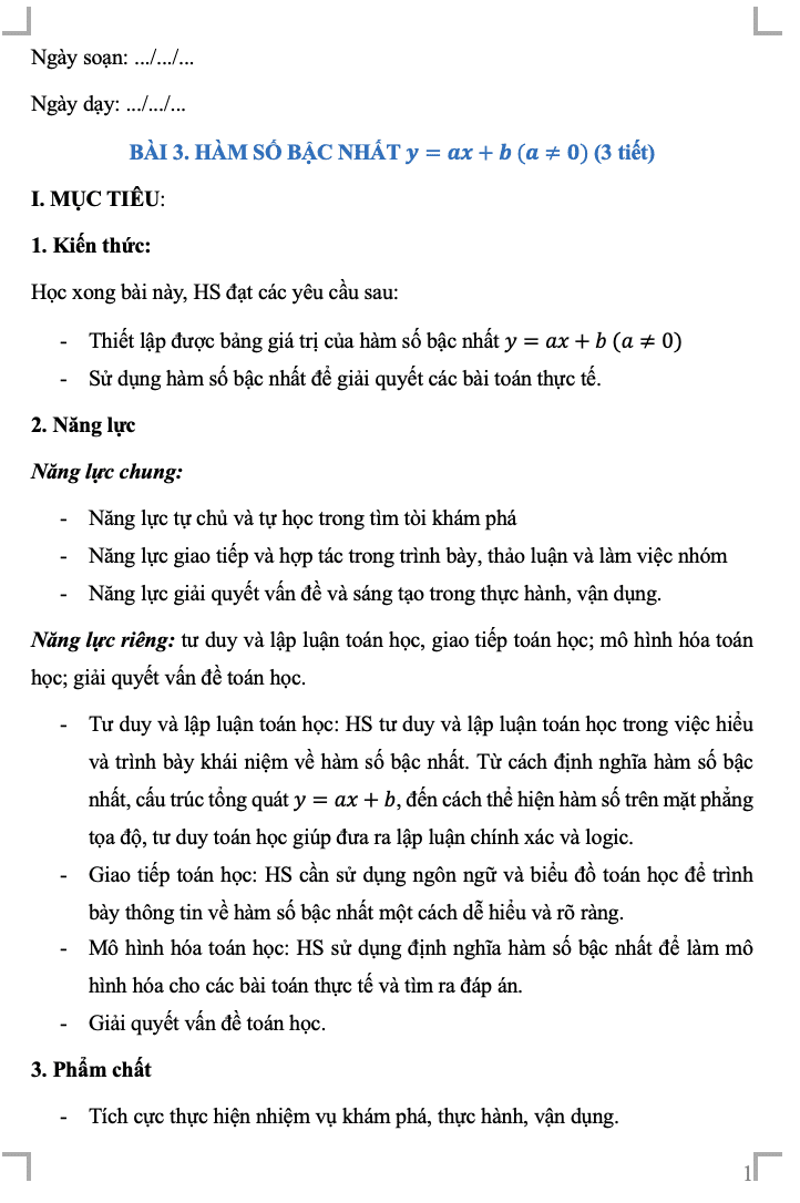 Giáo án Toán 8 CD Chương III. Bài 3. Hàm số bậc nhất y=ax+b (a≠0)(W+PPT)