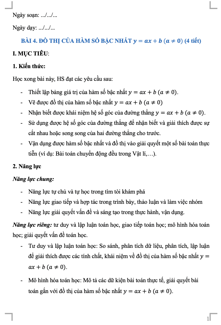 Giáo án Toán 8 CD Chương III. Bài 4. Đồ thị của hàm số bậc nhất y=ax+b (a≠0)(W+PPT)