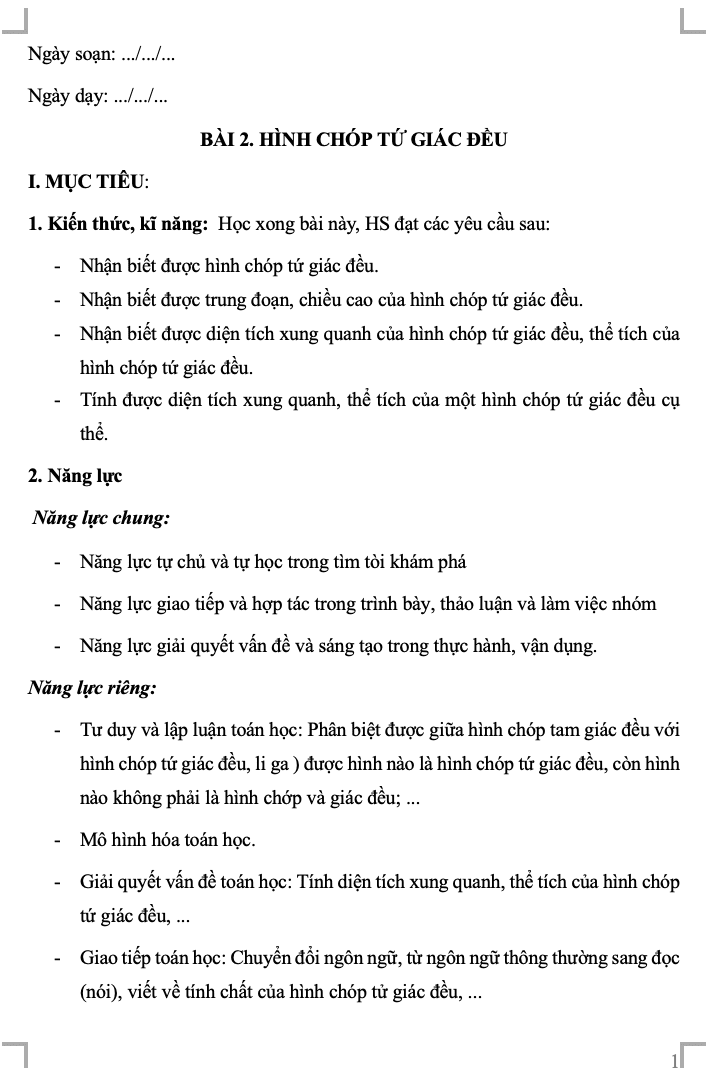 Giáo án Toán 8 CD Chương IV. Bài 2. Hình chóp tứ giác đều(W+PPT)