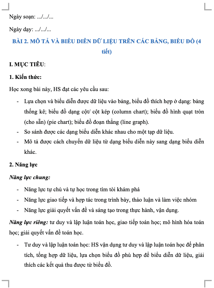 Giáo án Toán 8 CD Chương VI. Bài 2. Mô tả và biểu diễn dữ liệu trên các bảng, biểu đồ(W+PPT)