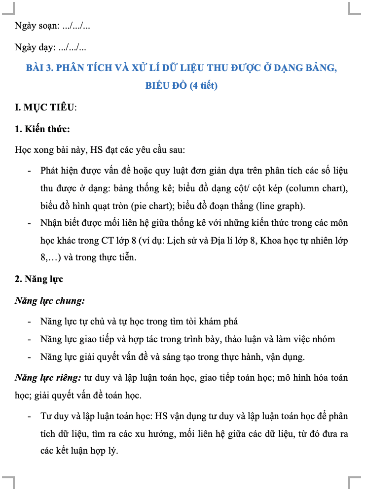 Giáo án Toán 8 CD Chương VI. Bài 3. Phân tích và xử lí dữ liệu thu được ở dạng bảng, biểu đồ(W+PPT)