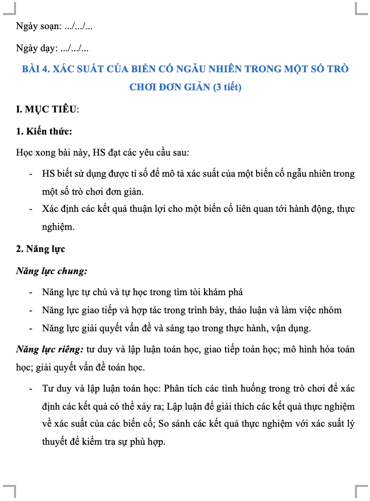 Giáo án Toán 8 CD Chương VI. Bài 4. Xác suất của biến cố ngẫu nhiên trong một số trò chơi đơn giản(W+PPT)