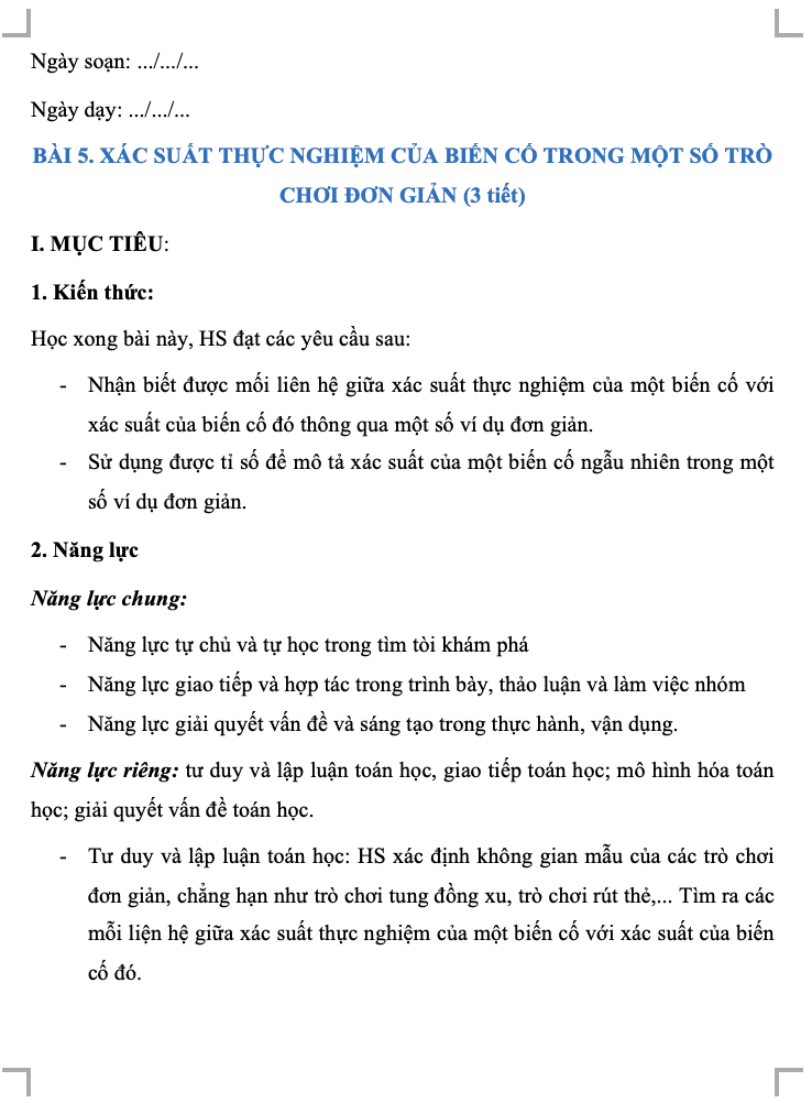 Giáo án Toán 8 CD Chương VI. Bài 5. Xác suất thực nghiệm của một biến cố trong một số trò chơi đơn giản(W+PPT)