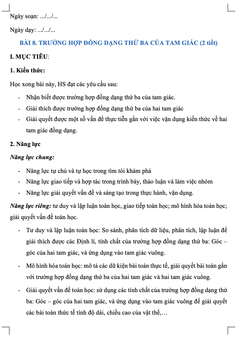 Giáo án Toán 8 CD Chương VIII. Bài 8. Trường hợp đống dạng thứ ba của tam giác(W+PPT)