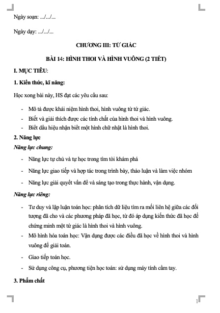 Giáo án Toán Lớp 8 KNTT Bài 14: Hình thoi và hình vuông(W+PPT)