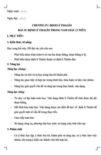 Giáo án Toán Lớp 8 KNTT Bài 15: Định lí Thalès trong tam giác(W+PPT)