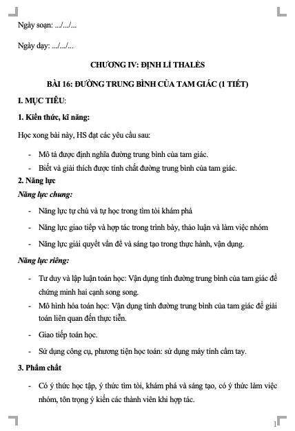 Giáo án Toán Lớp 8 KNTT Bài 16: Đường trung bình của tam giác(W+PPT)