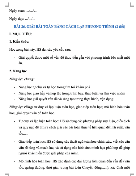 Giáo án Toán Lớp 8 KNTT Bài 26: Giải bài toán bằng cách lập phương trình(W+PPT)