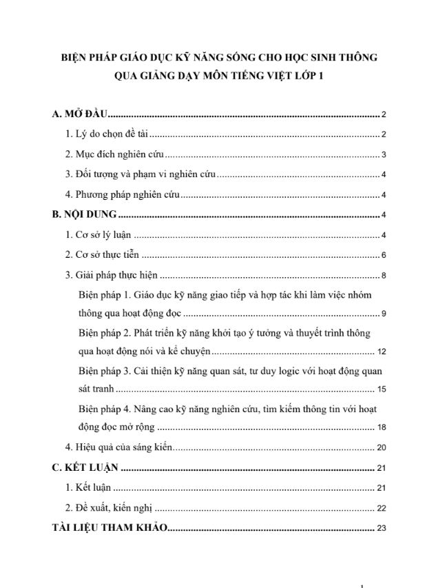 Biện pháp giáo dục kỹ năng sống cho học sinh thông qua giảng dạy môn Tiếng Việt lớp 1 (đủ 3 bộ sách)