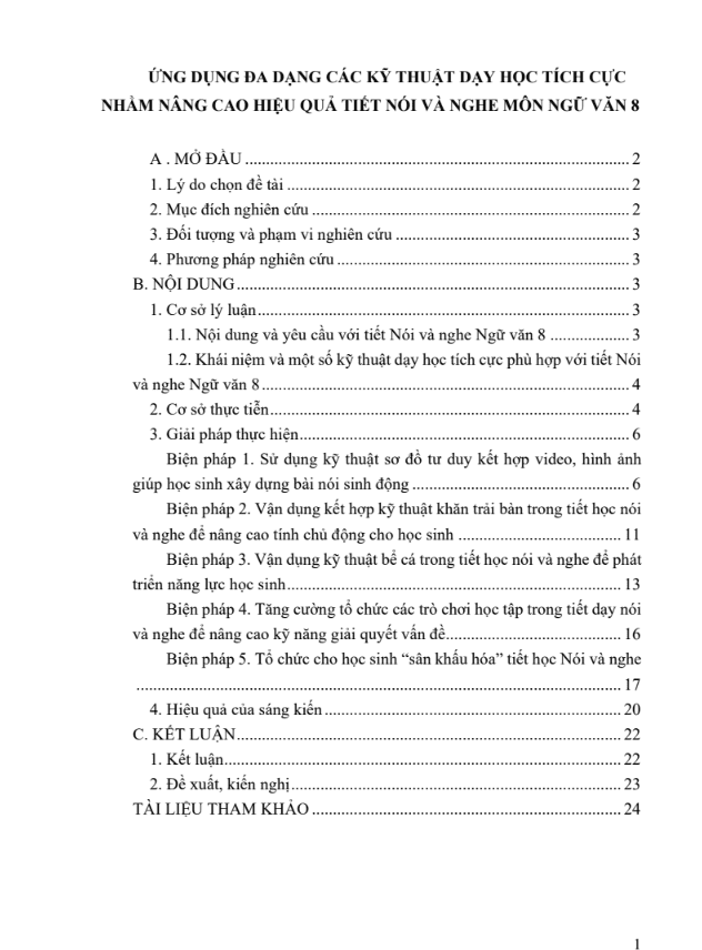 Biện pháp kết hợp các kỹ thuật dạy học tích cực nhằm nâng cao hiệu quả tiết nói và nghe môn Ngữ văn 8 (KNTT)