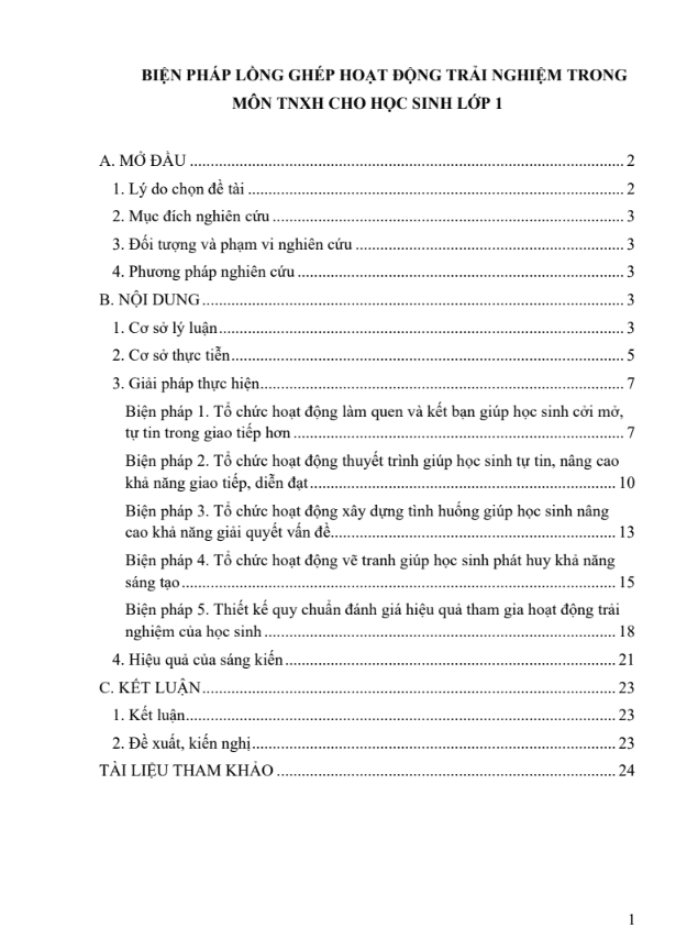 Biện pháp lồng ghép hoạt động trải nghiệm trong môn TNXH cho học sinh lớp 1 (đủ 3 bộ sách)