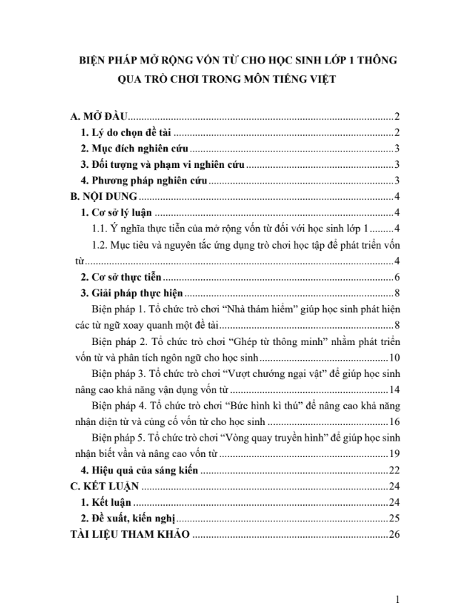 Biện pháp mở rộng vốn từ cho học sinh lớp 1 thông qua trò chơi trong môn Tiếng Việt (đủ 3 bộ sách)