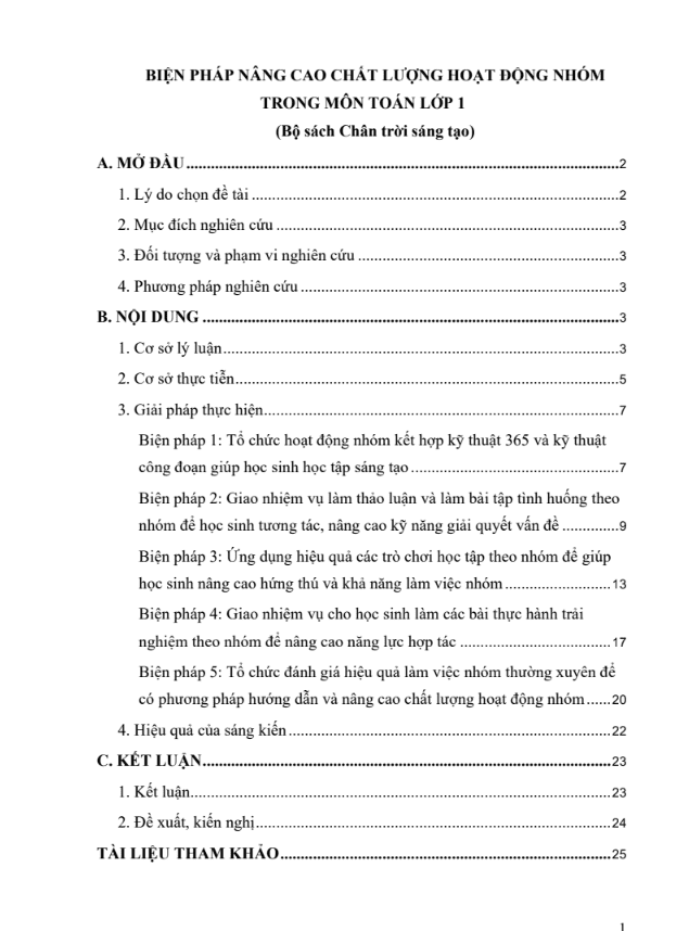Biện pháp nâng cao chất lượng dạy học hoạt động nhóm trong môn toán lớp 1 (đủ 3 bộ sách)