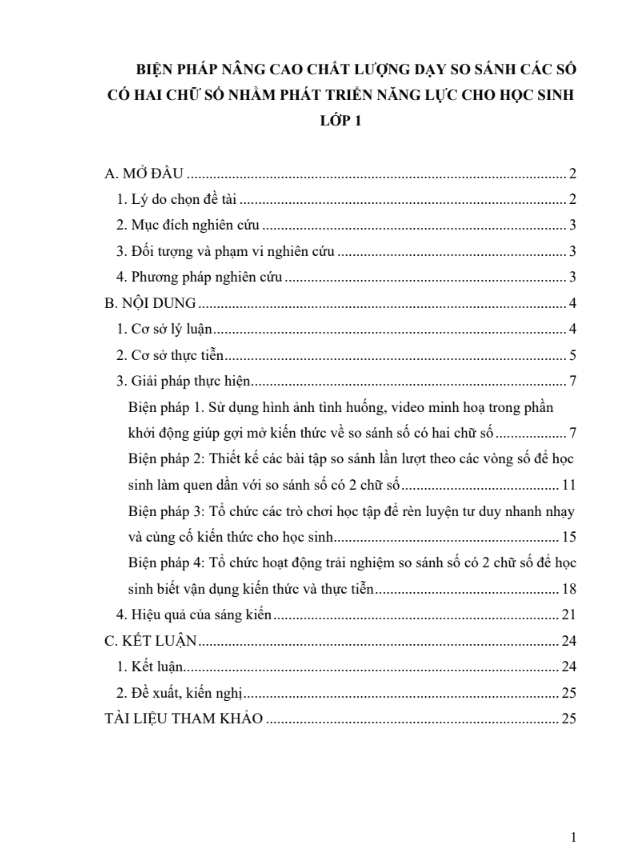 Biện pháp nâng cao chất lượng dạy so sánh các số có hai chữ số nhằm phát triển năng lực cho học sinh lớp 1 (đủ 3 bộ sách)