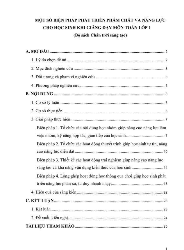 Một số biện pháp phát triển phẩm chất và năng lực cho học sinh khi giảng dạy môn Toán lớp 1 (đủ 3 bộ sách)