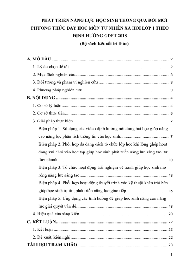 Phát triển năng lực học sinh thông qua đổi mới phương thức dạy học môn TNXH lớp 1 theo định hướng GDPT 2018 (đủ 3 bộ sách)