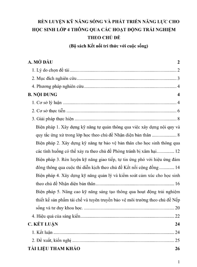 Rèn luyện kỹ năng sống và phát triển năng lực cho học sinh lớp 4 thông qua các hoạt động trải nghiệm theo chủ đề (KNTT)